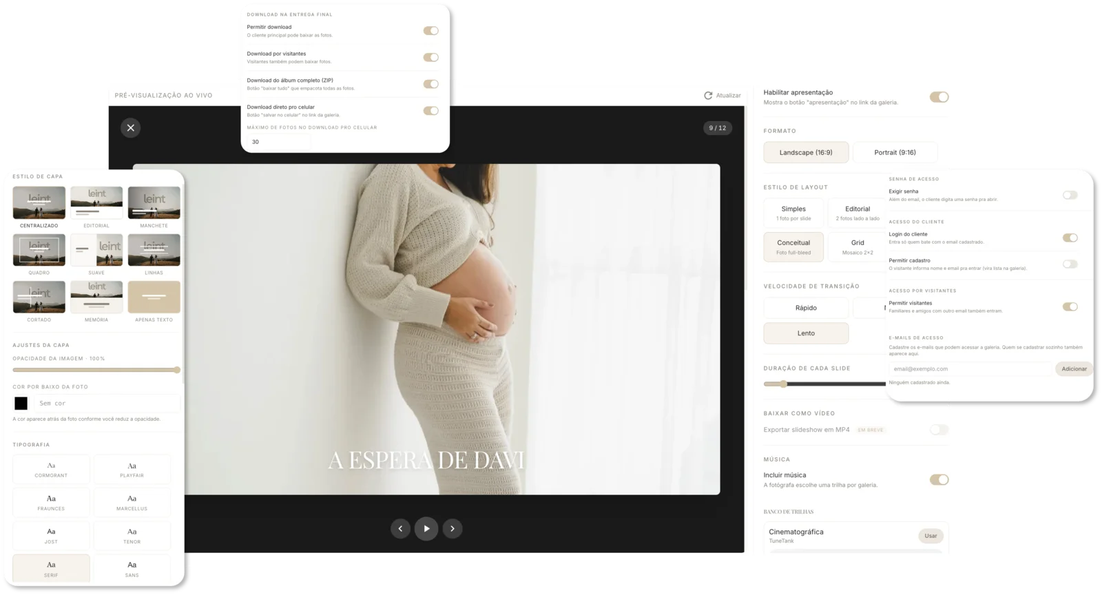 Configurações personalizáveis da galeria