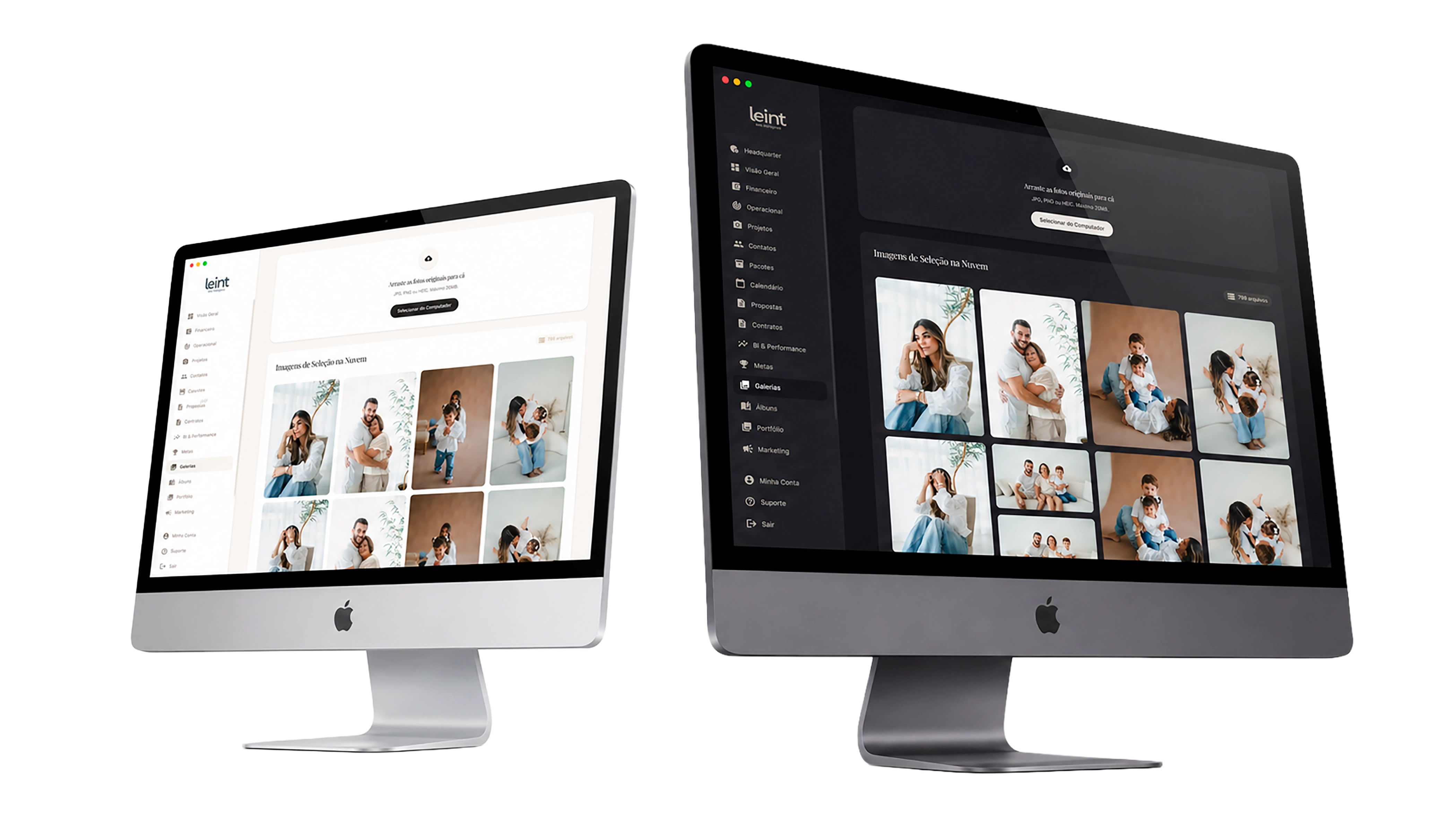 Dois iMacs lado a lado mostrando o painel da Leint nos modos light e dark.