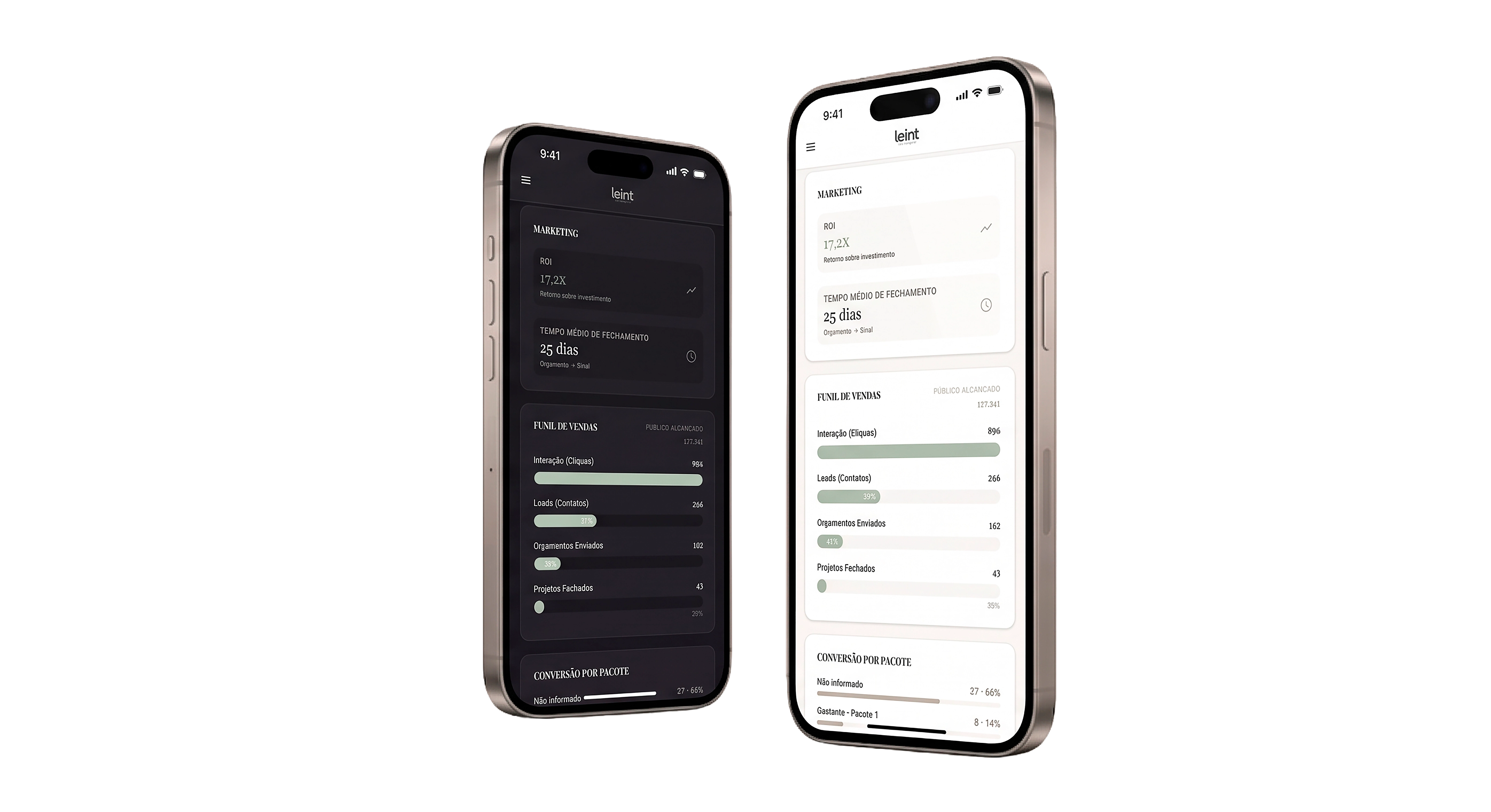 App Leint em dois iPhones — modo claro e modo escuro